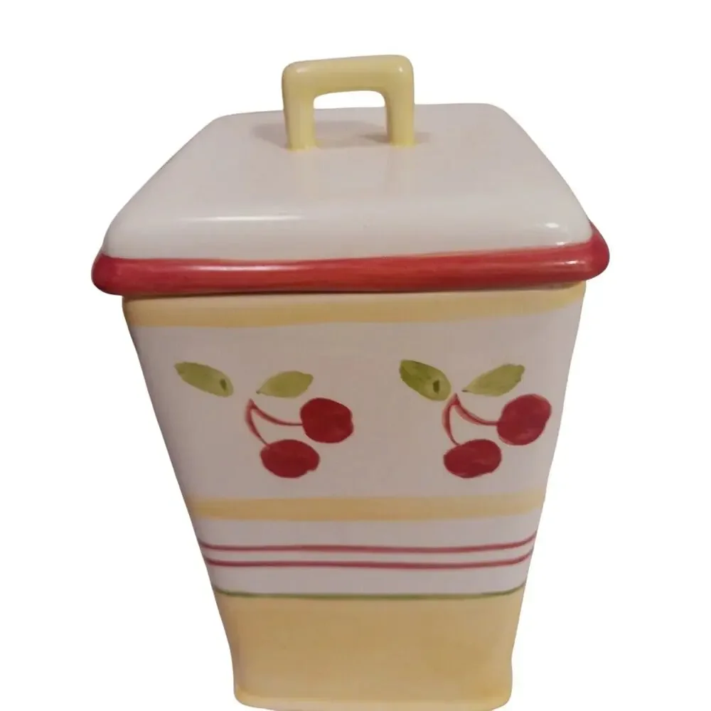 RARE Yellow Red Cherries Clay Canister Art Sonoma Ceramic 8
